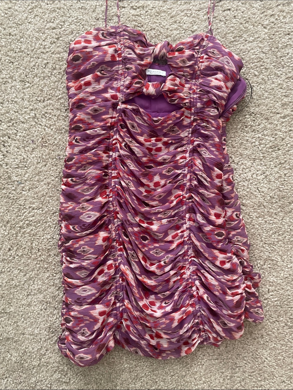 Zara Pink & Purple Ruched Printed Spaghetti-Strap Dress